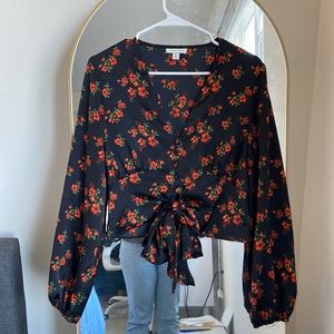 Topshop Button-up Tie-front Crop Flower Blouse with Puff Sleeves